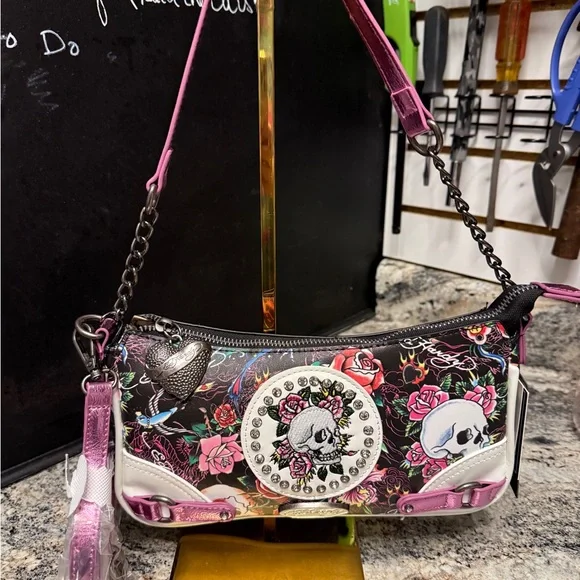 Ed Hardy Pink Floral Skull Accent Baguette Bag with crossbody - Picture 1 of 10